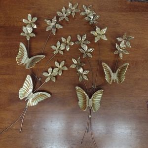 Vintage Brass Wall Art, Butterfly, Flowers, Classic Home Decor, 60s, 70s, Retro